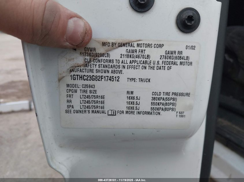 2002 GMC Sierra 2500Hd Sle VIN: 1GTHC23G82F174512 Lot: 43726181