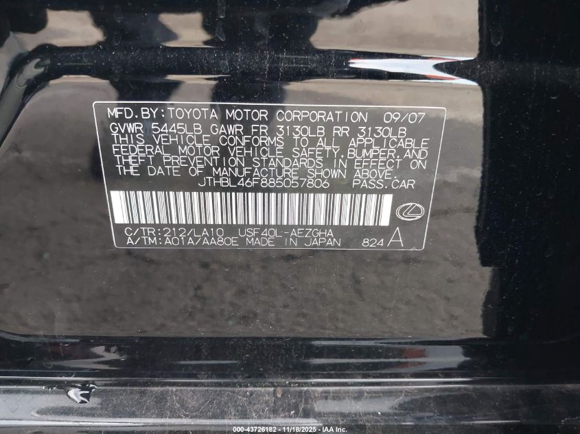 2008 Lexus Ls 460 VIN: JTHBL46F885057806 Lot: 43726182