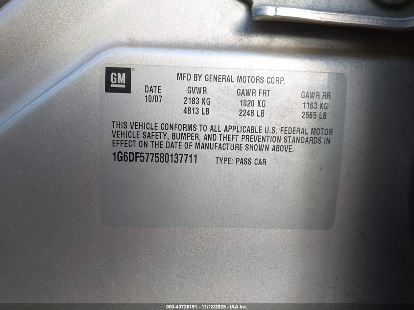 2008 Cadillac Cts Standard VIN: 1G6DF577580137711 Lot: 43726191