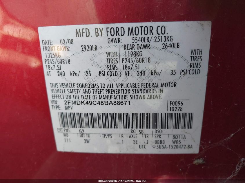 2008 Ford Edge Limited VIN: 2FMDK49C48BA88671 Lot: 43726206