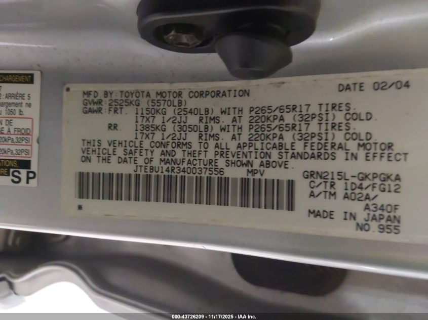 2004 Toyota 4Runner Sr5 V6 VIN: JTEBU14R340037556 Lot: 43726209