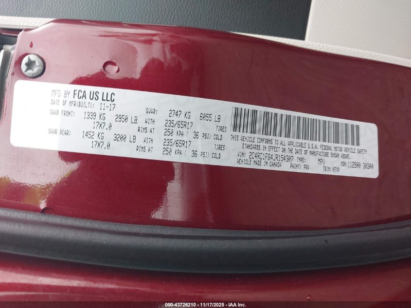 2018 Chrysler Pacifica Touring Plus VIN: 2C4RC1FG4JR154307 Lot: 43726210