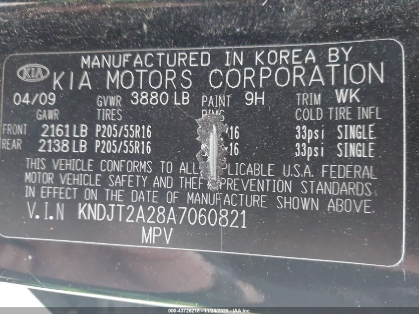 2010 Kia Soul + VIN: KNDJT2A28A7060821 Lot: 43726218