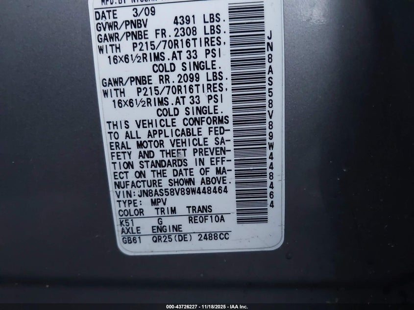 2009 Nissan Rogue S VIN: JN8AS58V89W448464 Lot: 43726227