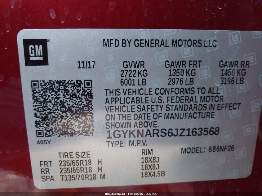 2018 Cadillac Xt5 Standard VIN: 1GYKNARS6JZ163568 Lot: 43726233