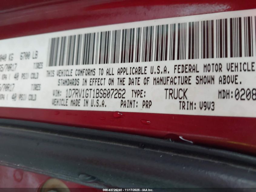 2011 Ram Ram 1500 St VIN: 1D7RV1GT1BS607262 Lot: 43726240