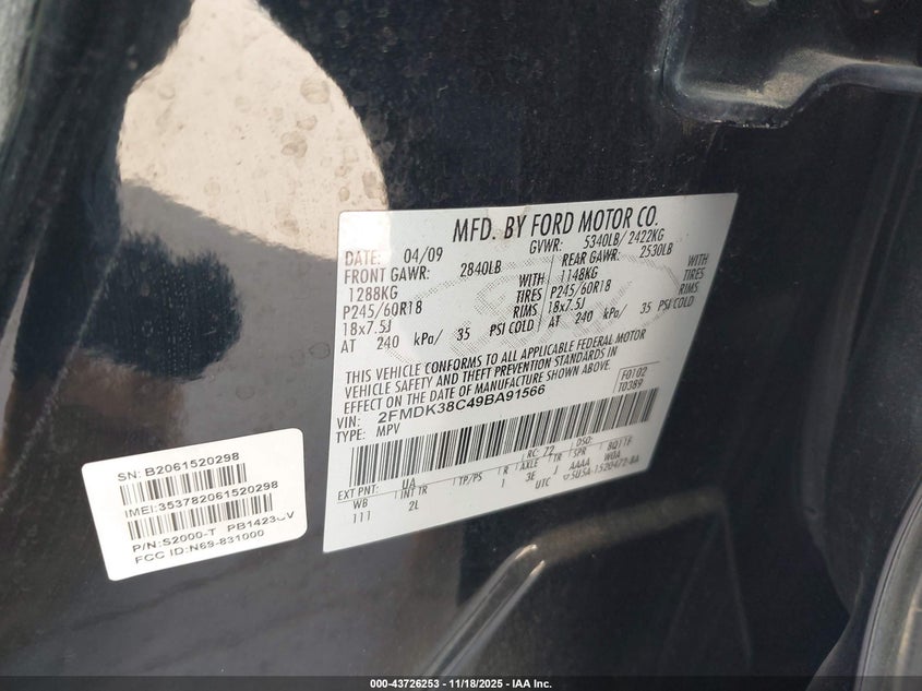 2009 Ford Edge Sel VIN: 2FMDK38C49BA91566 Lot: 43726253