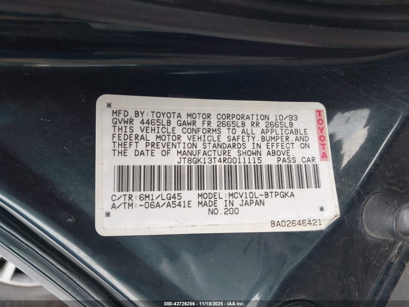 1994 Lexus Es 300 VIN: JT8GK13T4R0011115 Lot: 43726256