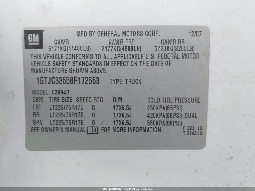 2008 GMC Sierra 3500Hd Sle1 VIN: 1GTJC33658F172563 Lot: 43726266