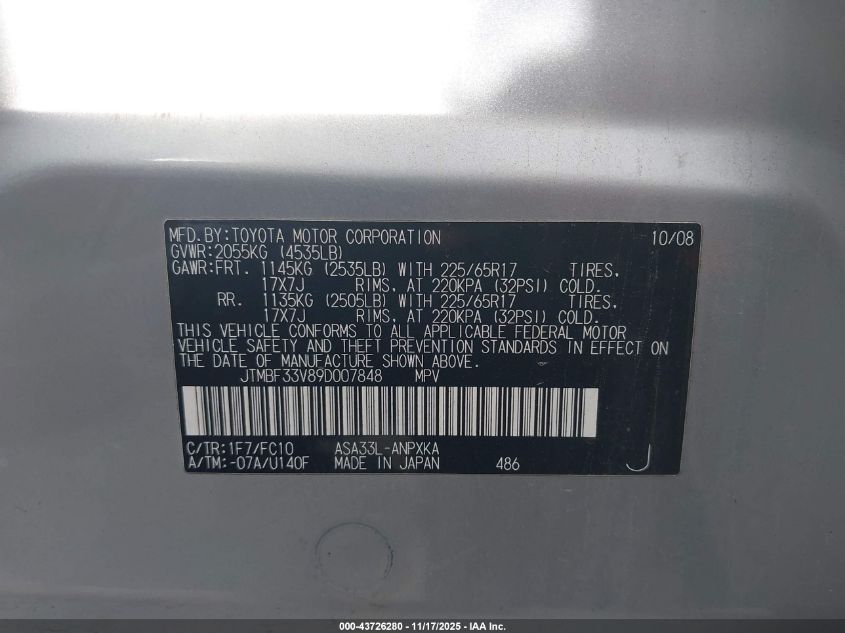 2009 Toyota Rav4 VIN: JTMBF33V89D007848 Lot: 43726280