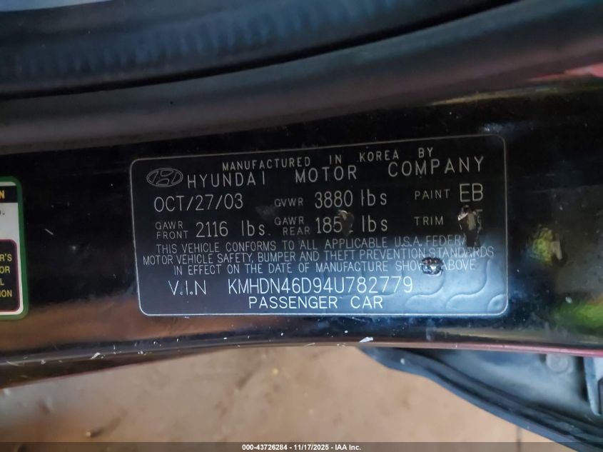 2004 Hyundai Elantra Gls/Gt VIN: KMHDN46D94U782779 Lot: 43726284