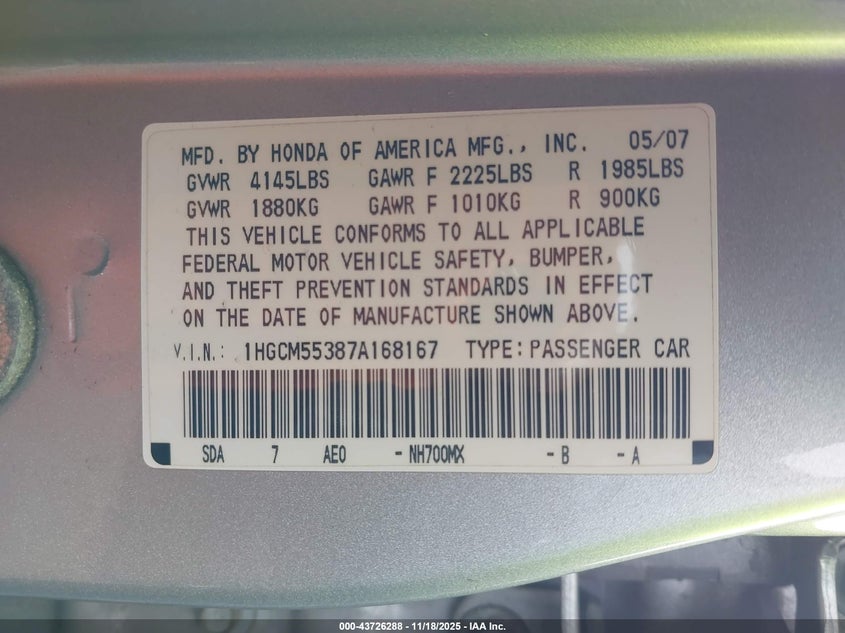 1HGCM55387A168167 2007 HONDA ACCORD photo no. 9