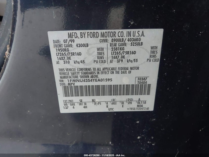 2000 Ford Excursion Limited VIN: 1FMNU43S4YEA01595 Lot: 43726290