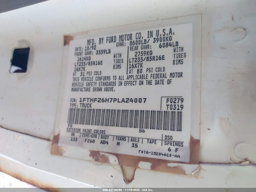 1993 Ford F250 VIN: 1FTHF26H7PLA24007 Lot: 43726298
