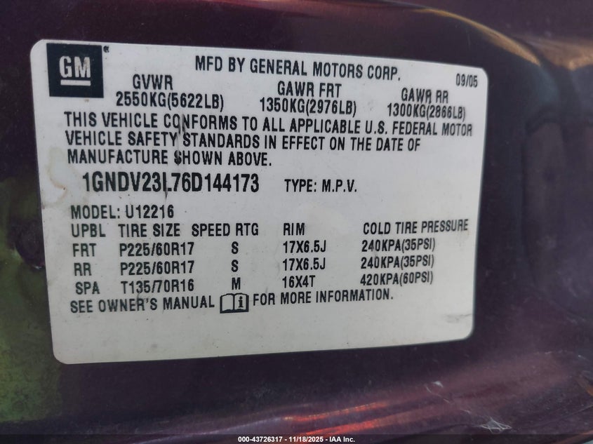 2006 Chevrolet Uplander Ls VIN: 1GNDV23L76D144173 Lot: 43726317