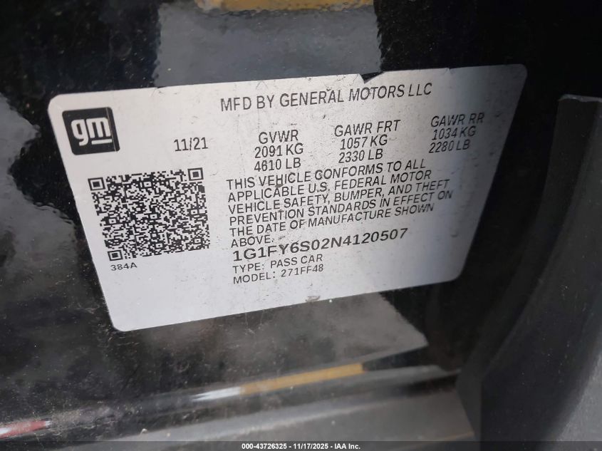 2022 Chevrolet Bolt Euv Fwd Lt VIN: 1G1FY6S02N4120507 Lot: 43726325