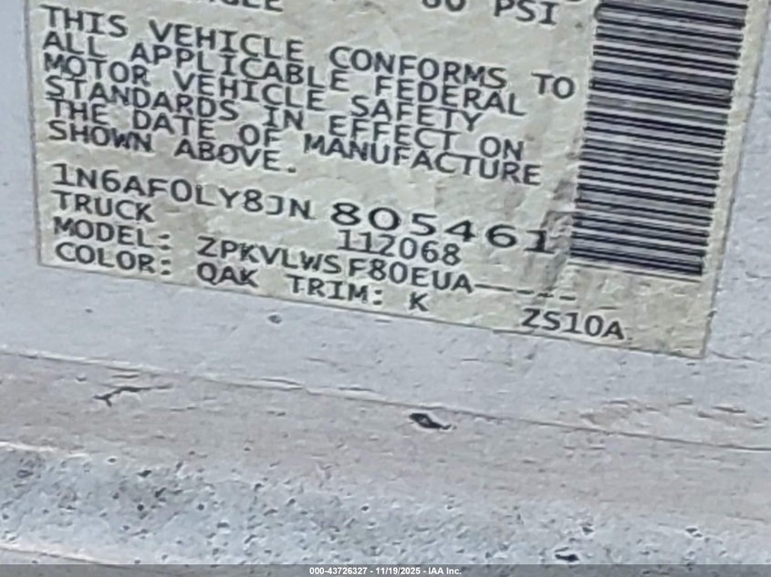 2018 Nissan Nv Cargo Nv2500 Hd S V8 VIN: 1N6AF0LY8JN805461 Lot: 43726327