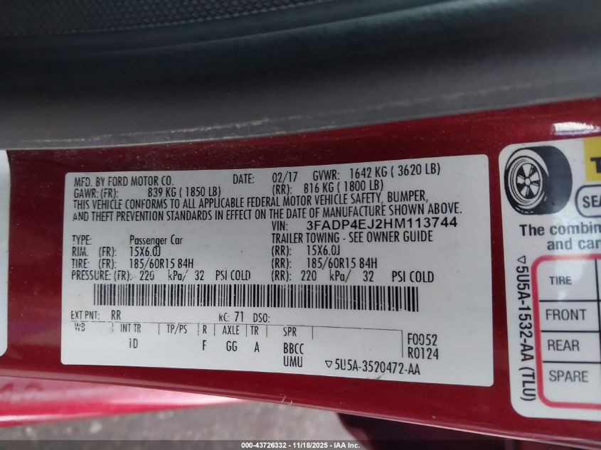 2017 Ford Fiesta Se VIN: 3FADP4EJ2HM113744 Lot: 43726332