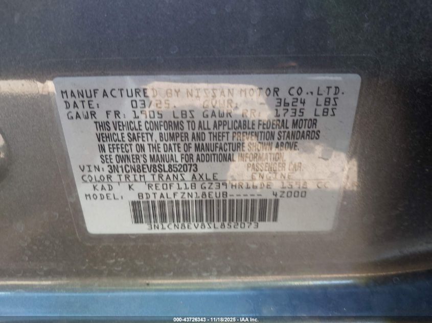 2025 Nissan Versa 1.6 Sv VIN: 3N1CN8EV8SL852073 Lot: 43726343