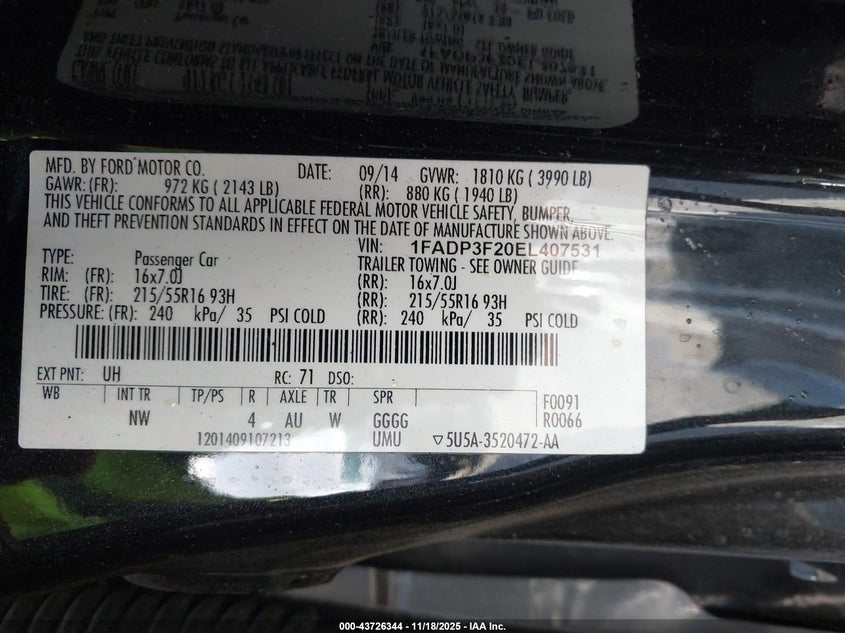 1FADP3F20EL407531 2014 FORD FOCUS photo no. 9