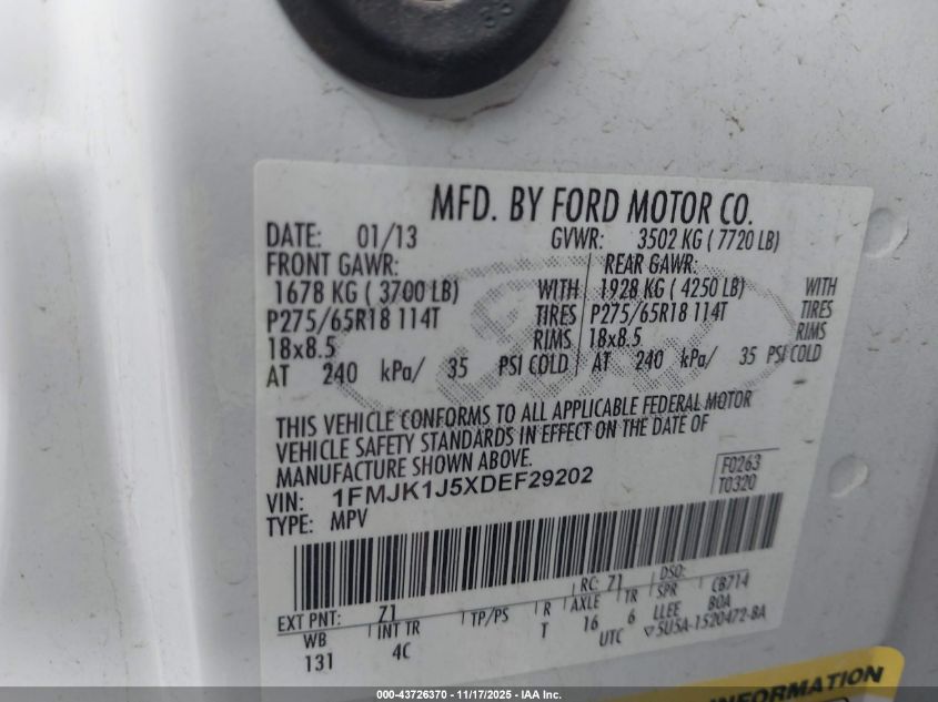 2013 Ford Expedition El Xlt VIN: 1FMJK1J5XDEF29202 Lot: 43726370