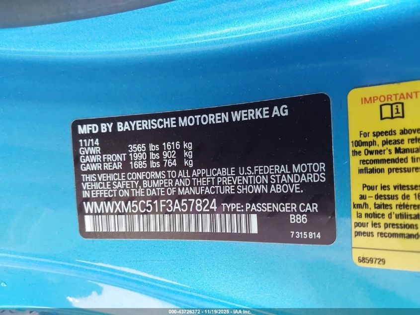 2015 Mini Hardtop Cooper VIN: WMWXM5C51F3A57824 Lot: 43726372