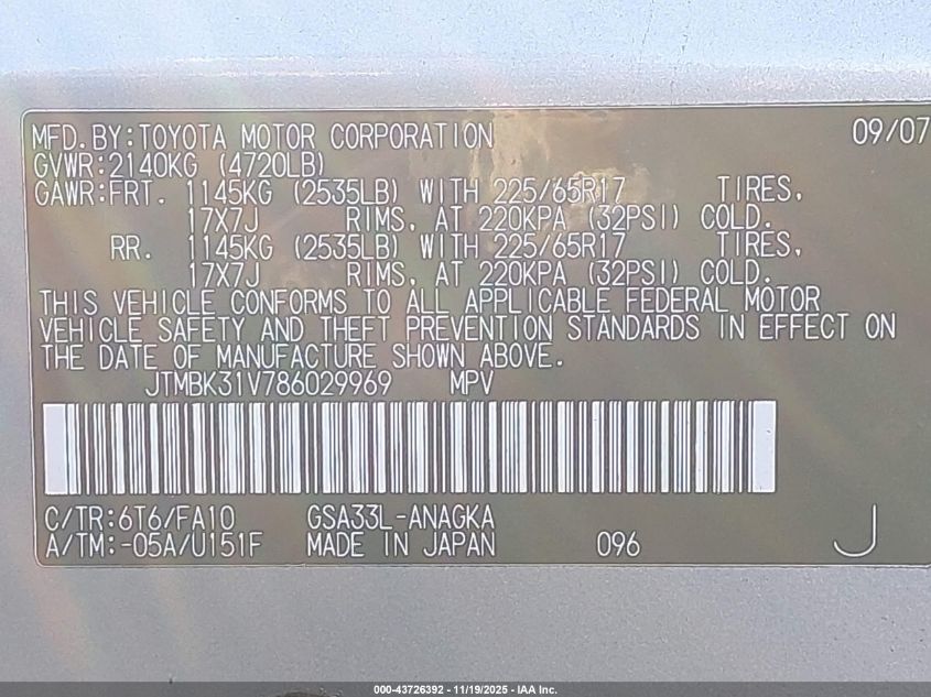 2008 Toyota Rav4 Limited V6 VIN: JTMBK31V786029969 Lot: 43726392