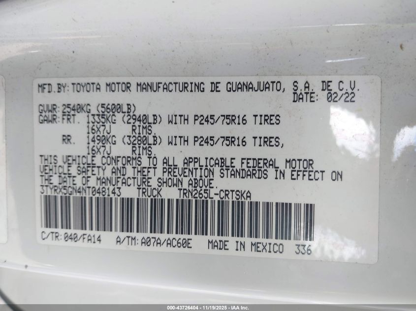2022 Toyota Tacoma Sr VIN: 3TYRX5GN4NT048143 Lot: 43726404
