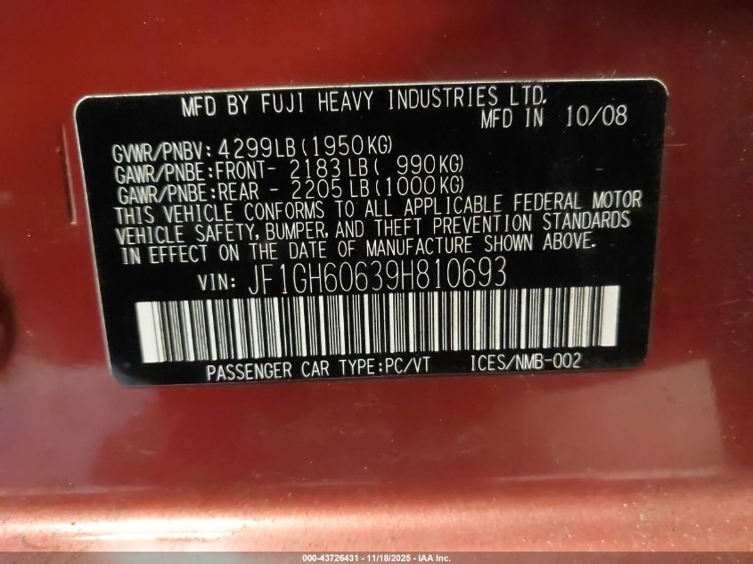 2009 Subaru Impreza 2.5I VIN: JF1GH60639H810693 Lot: 43726431
