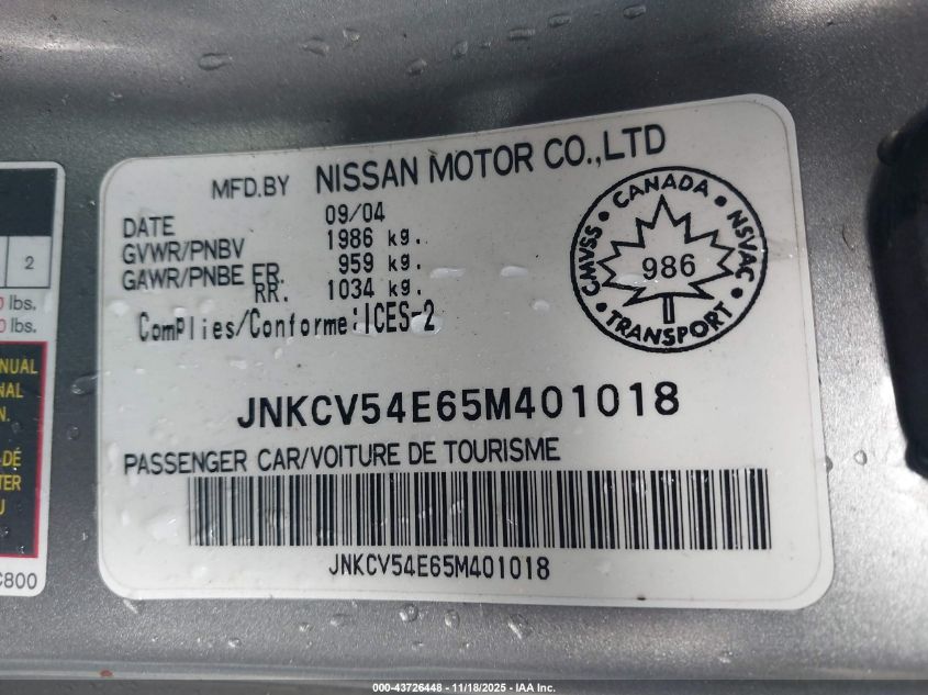 2005 Infiniti G35 VIN: JNKCV54E65M401018 Lot: 43726448