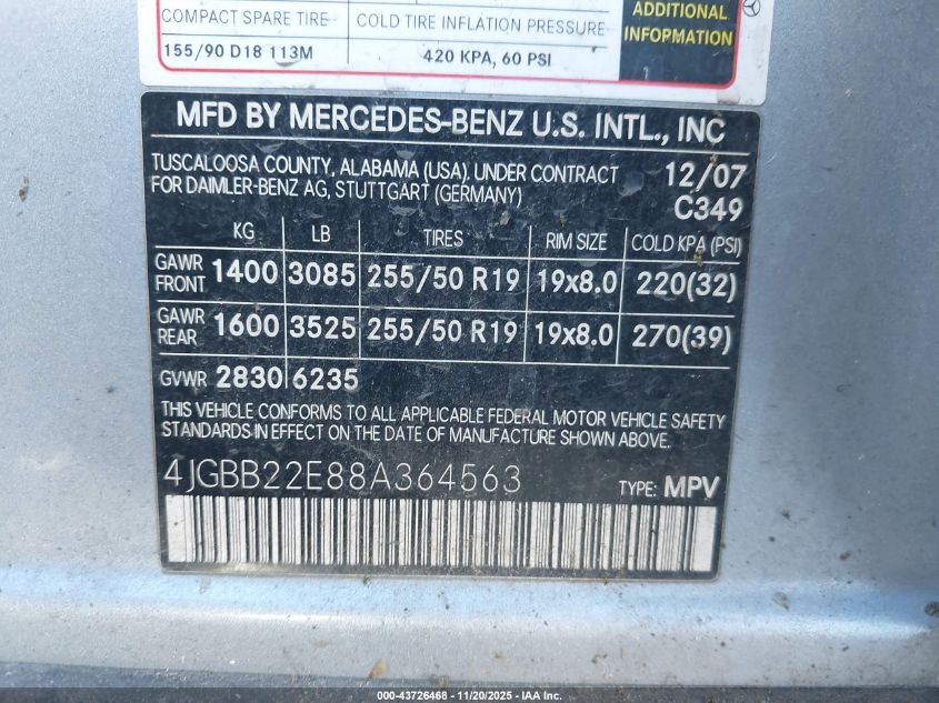 2008 Mercedes-Benz Ml 320 Cdi 4Matic VIN: 4JGBB22E88A364563 Lot: 43726468