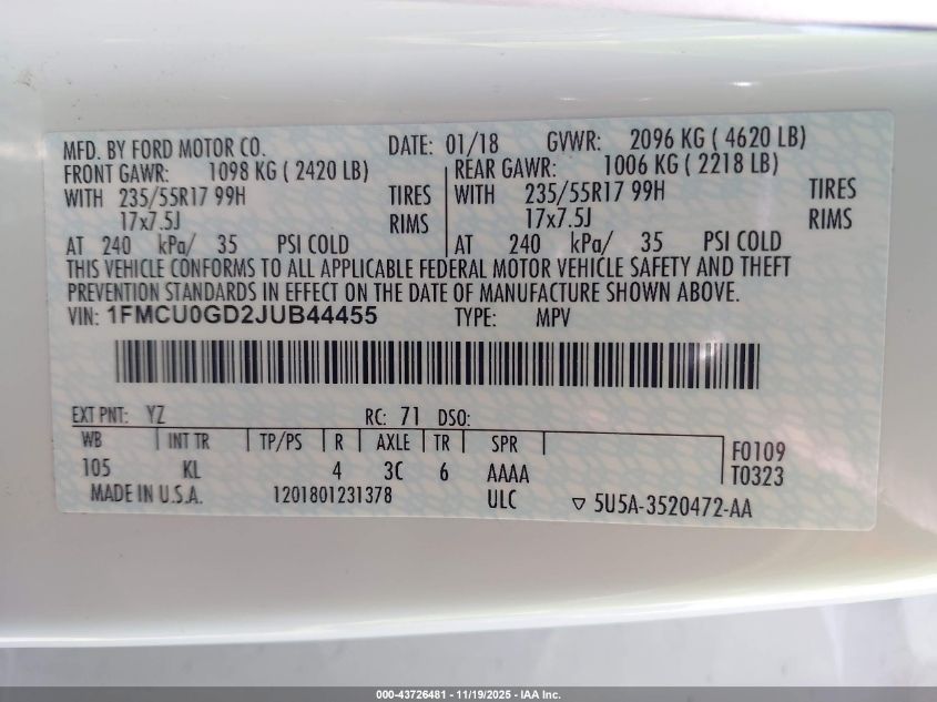 2018 Ford Escape Se VIN: 1FMCU0GD2JUB44455 Lot: 43726481