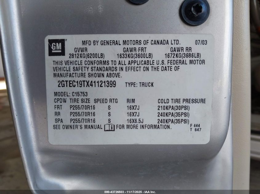 2004 GMC Sierra 1500 Slt VIN: 2GTEC19TX41121399 Lot: 43726503