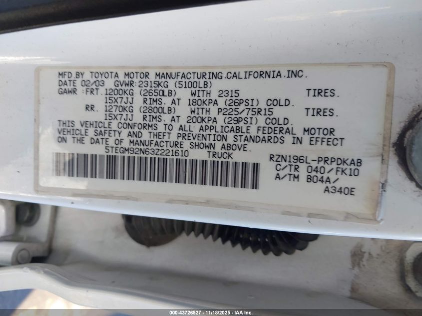 2003 Toyota Tacoma Prerunner VIN: 5TEGM92N63Z221610 Lot: 43726527