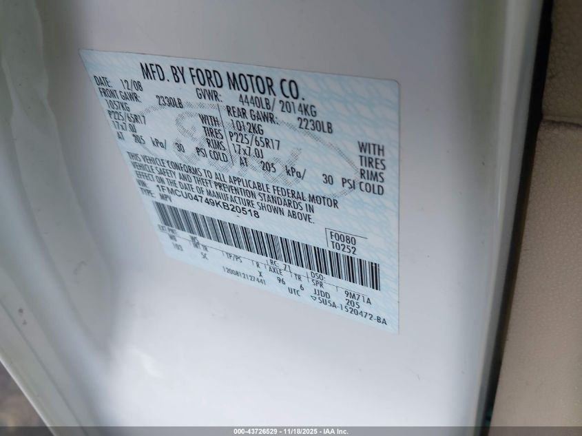 2009 Ford Escape Limited VIN: 1FMCU04749KB20518 Lot: 43726529