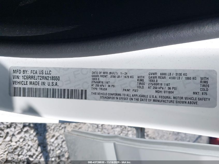 2024 Ram 1500 Laramie 4X2 5'7 Box VIN: 1C6RREJT2RN218550 Lot: 43726530