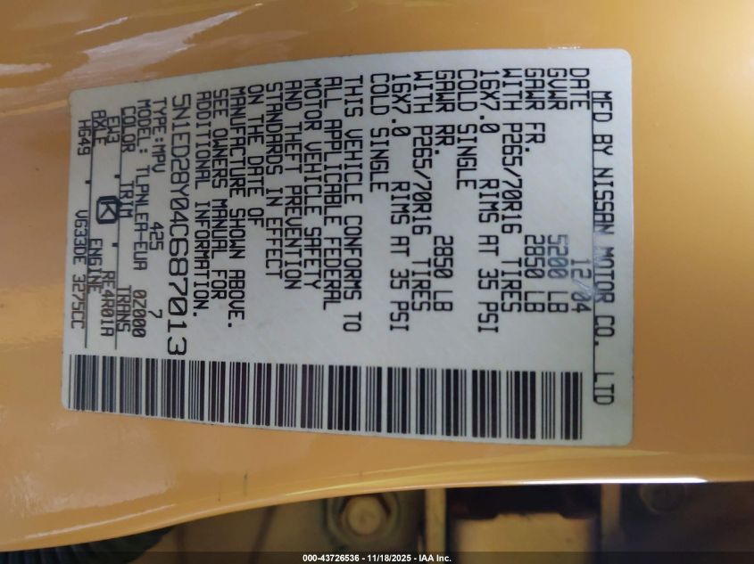 2004 Nissan Xterra Xe VIN: 5N1ED28Y04C687013 Lot: 43726536