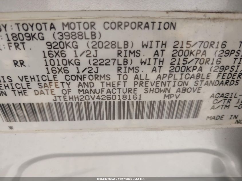 2002 Toyota Rav4 VIN: JTEHH20V426018161 Lot: 43726541