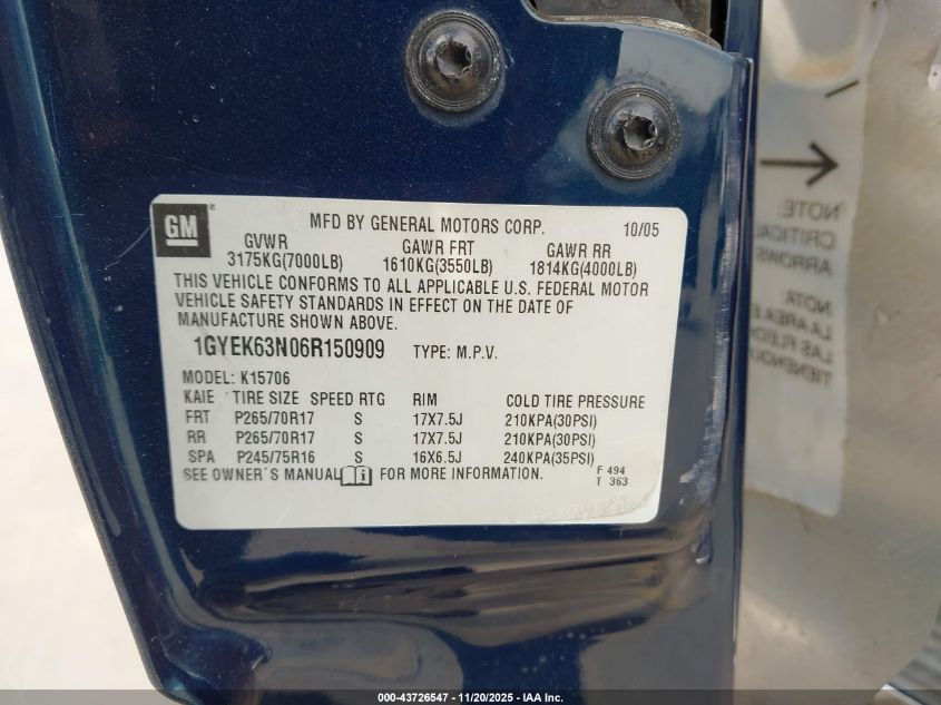 2006 Cadillac Escalade Standard VIN: 1GYEK63N06R150909 Lot: 43726547