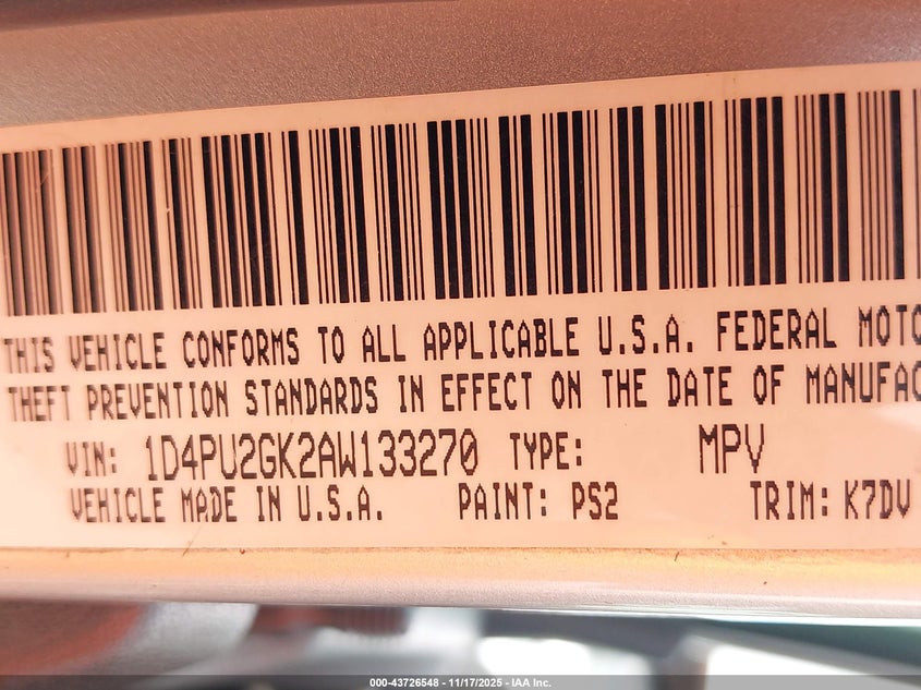 2010 Dodge Nitro Se VIN: 1D4PU2GK2AW133270 Lot: 43726548