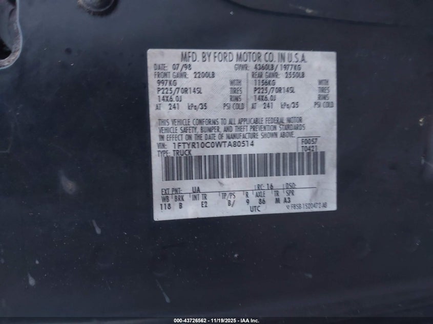 1998 Ford Ranger Splash/Xl/Xlt VIN: 1FTYR10C0WTA80514 Lot: 43726562