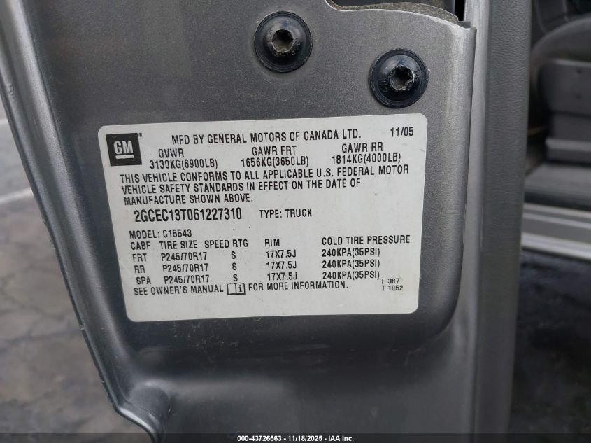 2006 Chevrolet Silverado 1500 Lt2 VIN: 2GCEC13T061227310 Lot: 43726563