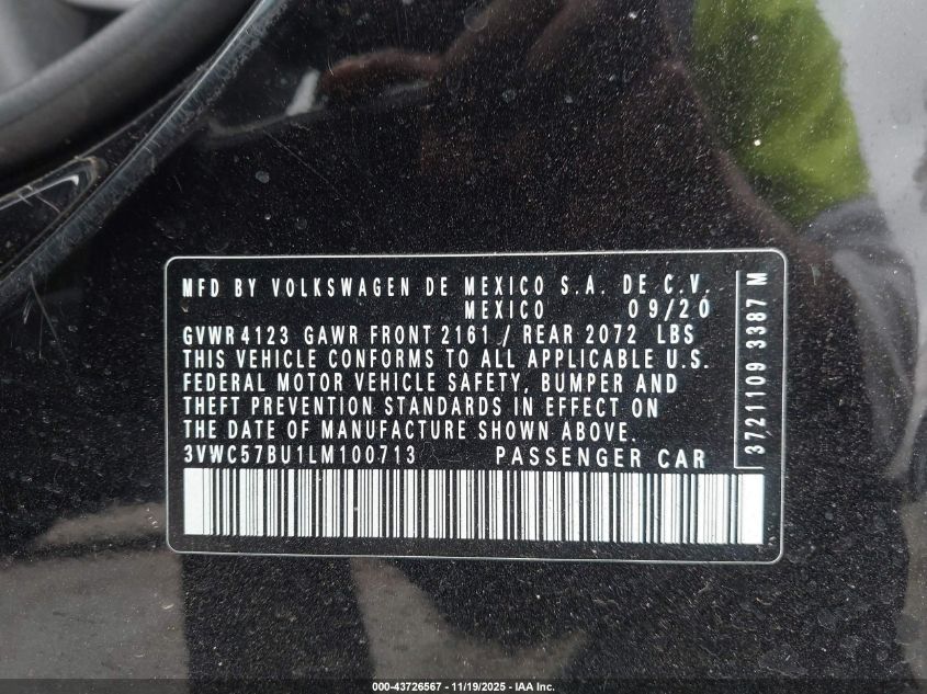 2020 Volkswagen Jetta 1.4T R-Line/1.4T S/1.4T Se VIN: 3VWC57BU1LM100713 Lot: 43726567