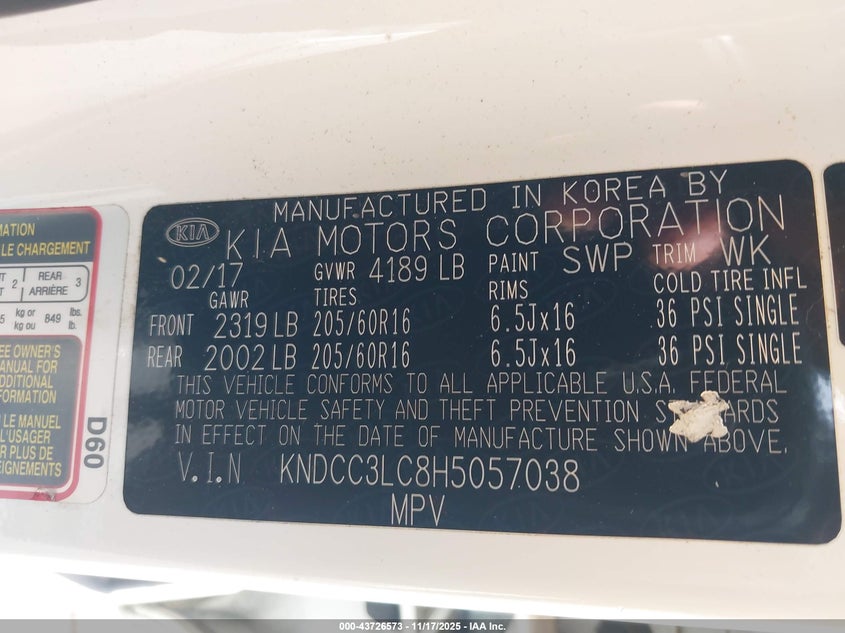 2017 Kia Niro Ex VIN: KNDCC3LC8H5057038 Lot: 43726573