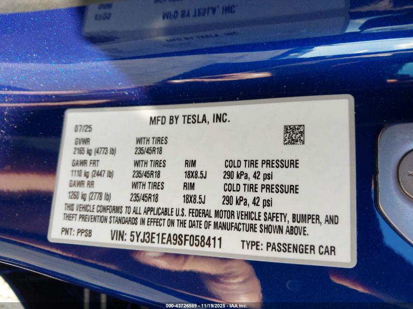 2025 Tesla Model 3 Long Range Rear-Wheel Drive/Standard VIN: 5YJ3E1EA9SF058411 Lot: 43726589