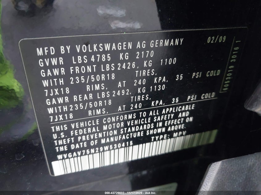 2009 Volkswagen Tiguan Sel VIN: WVGAV75N29W530415 Lot: 43726603