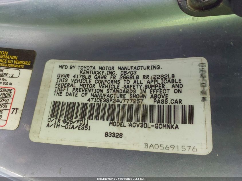 2004 Toyota Camry Solara Se Sport VIN: 4T1CE38P24U777257 Lot: 43726612