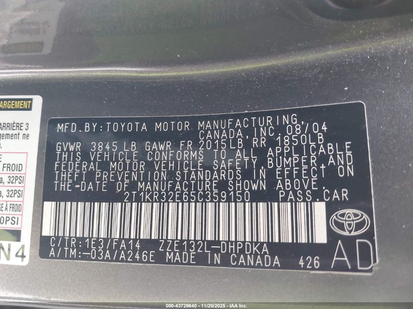 2005 Toyota Matrix VIN: 2T1KR32E65C359150 Lot: 43726640