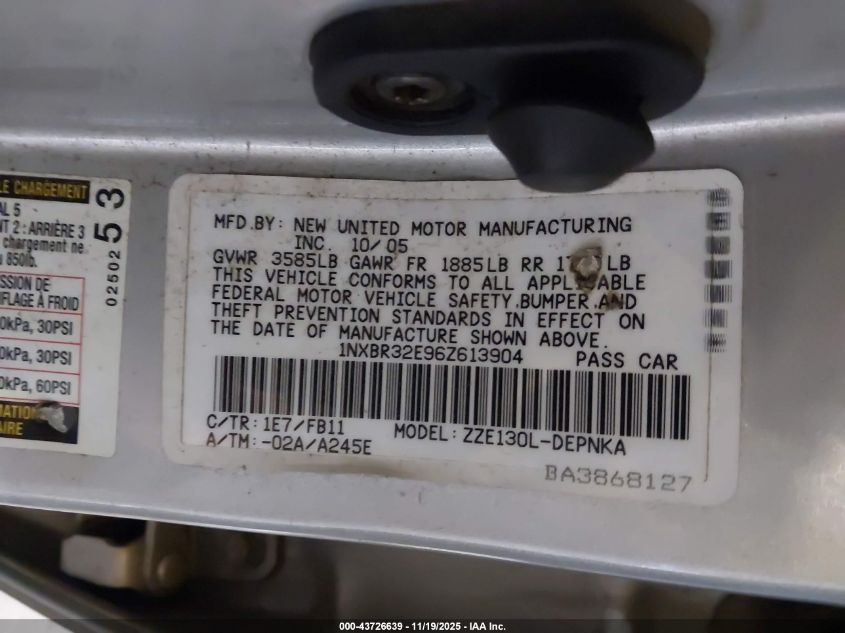 2006 Toyota Corolla Le VIN: 1NXBR32E96Z613904 Lot: 43726639