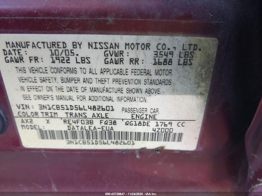 2006 Nissan Sentra 1.8S VIN: 3N1CB51D56L482601 Lot: 43726647